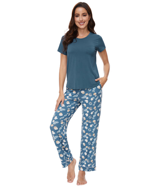 Women Pajama Sets Soft Short Sleeve Loungewear with Pants