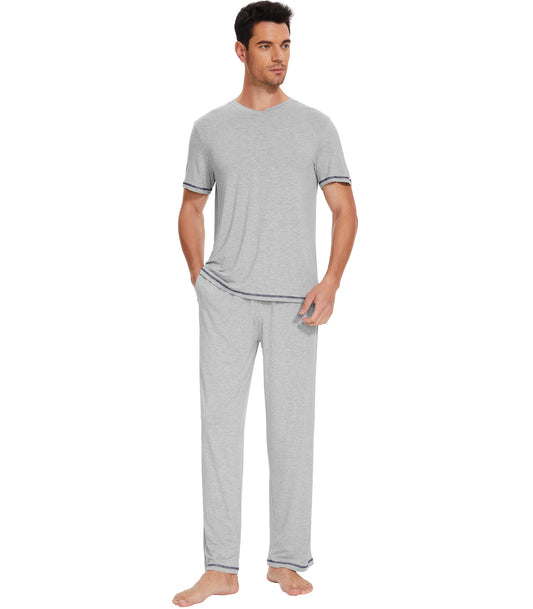 Men Bamboo Short Sleeve Pajamas Sets with Pants