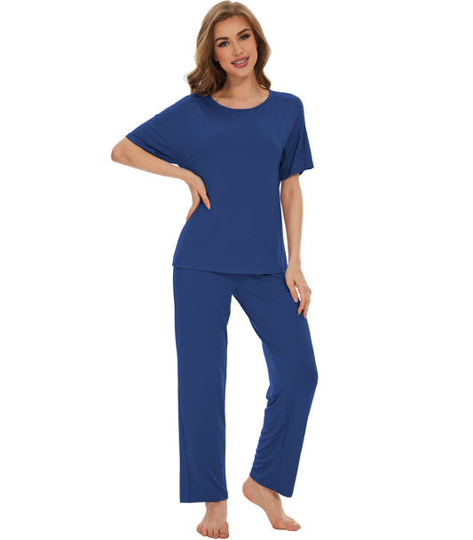 Womens Short Sleeve Scoop Neck Lounge Sets with Pants